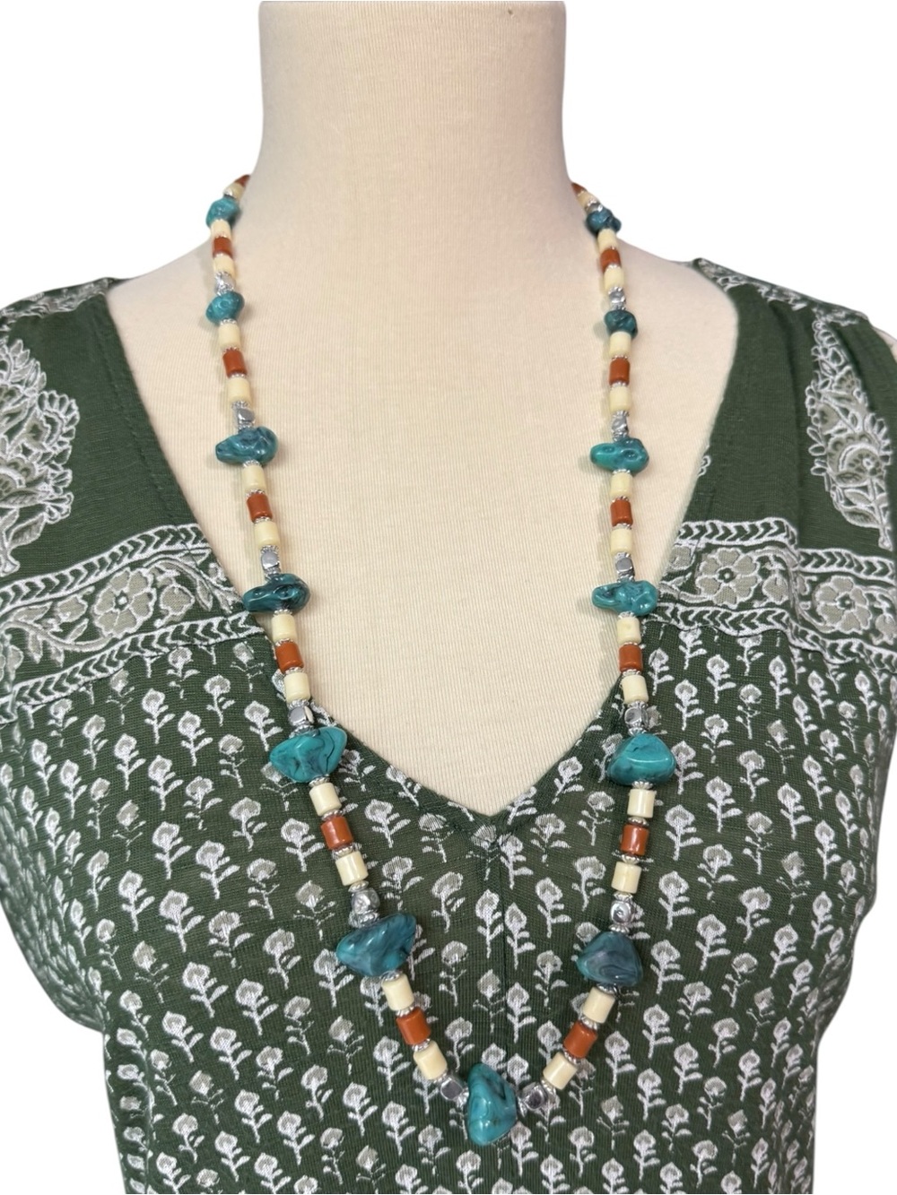 Turquoise Tone Beaded Statement Necklace Boho Southwestern - Picture 5 of 8